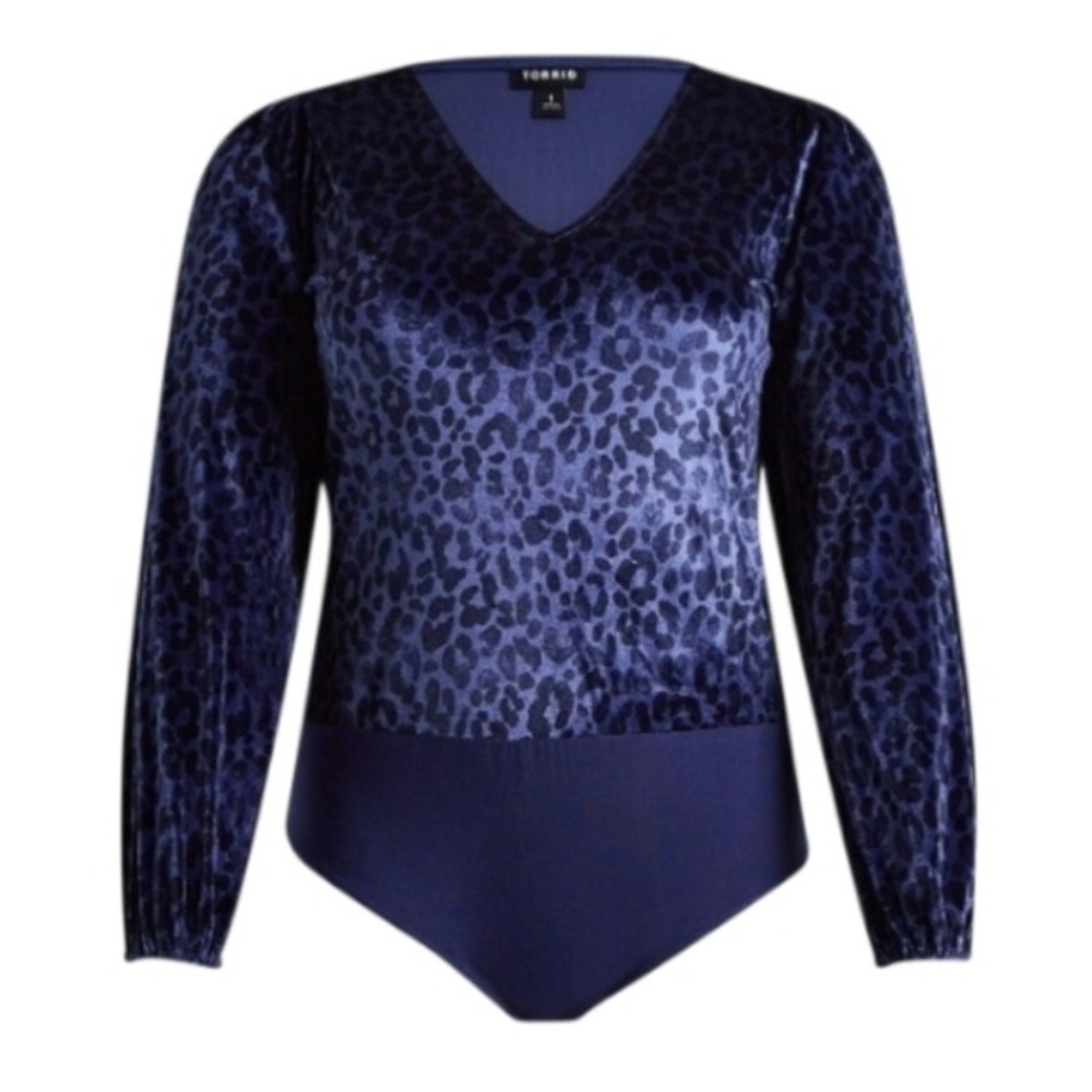 Torrid 3X Blue Velvet Crush Cheetah Print Long Sleeve V Neck Bodysuit‎ NWT